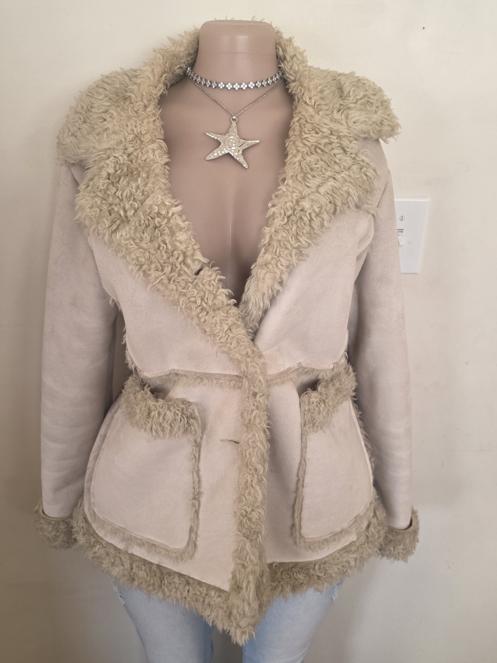Cato Cream Faux Shearling Trim Jacket